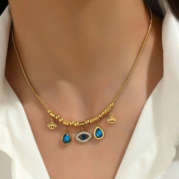 Luxe Stainless Steel Gold Tone Evil Eye Rhinestone Necklace - Picture 2 of 3